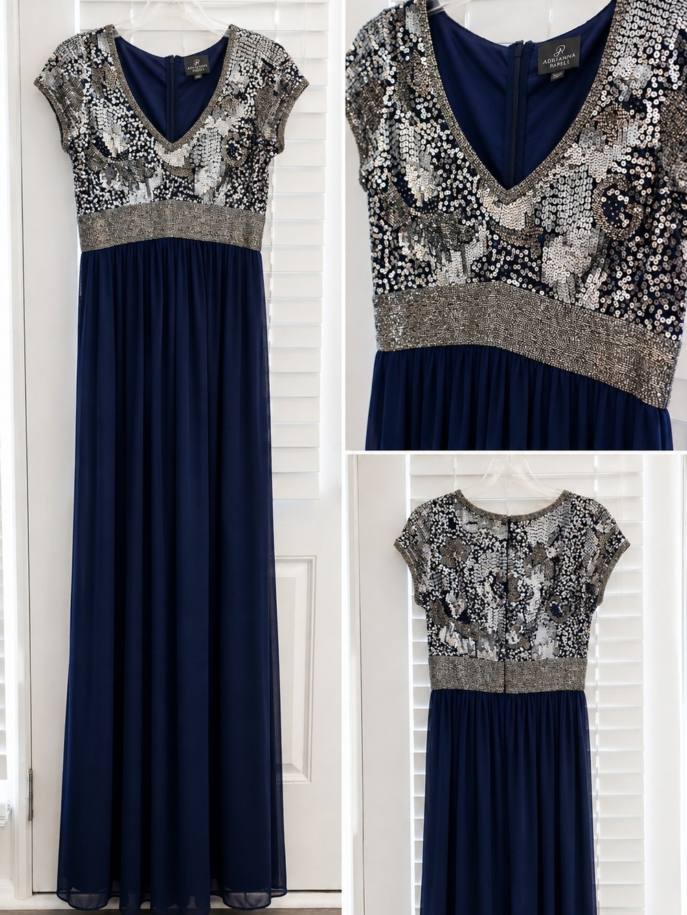 Adrianna Papell Navy Maxi Dress with Silver Sequin Bodice